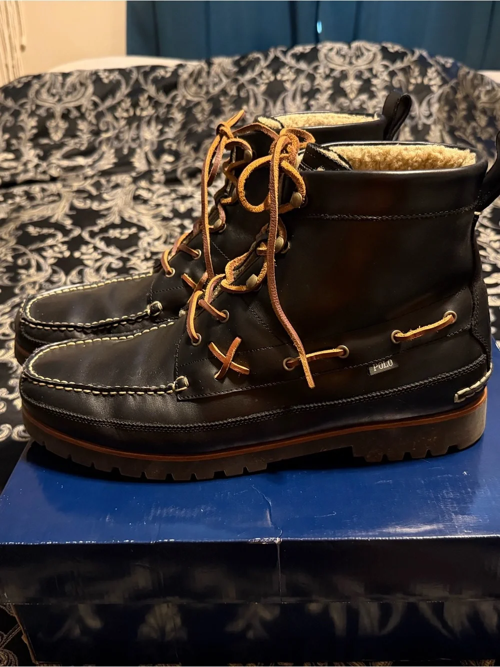 Ralph Lauren Black Leather Moc-Toe Lace-Up Boots with Tan Accents